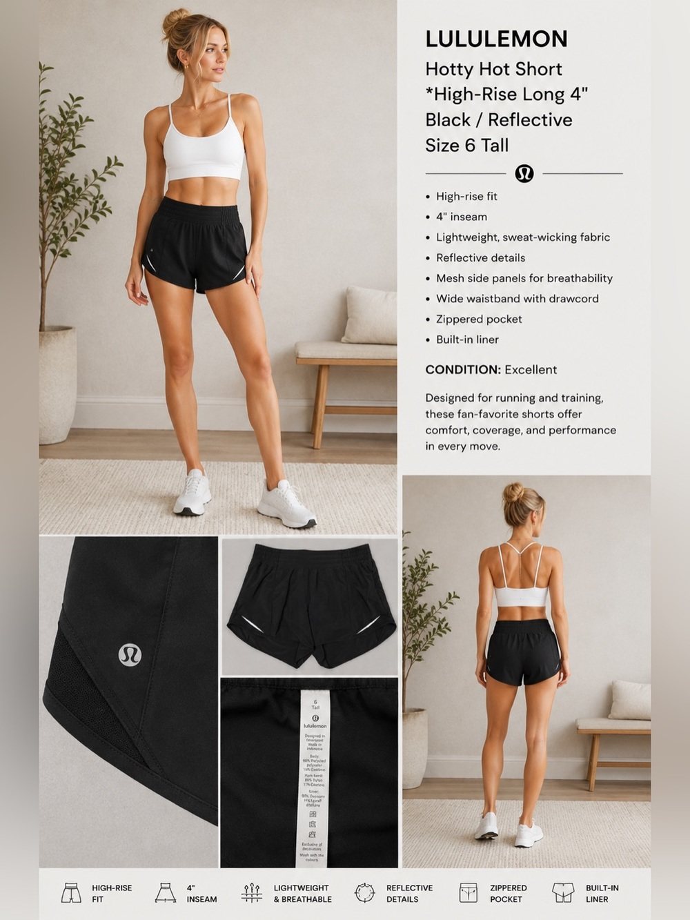 Lululemon Black Running Shorts Size 6 Tall Mesh Reflective Athletic